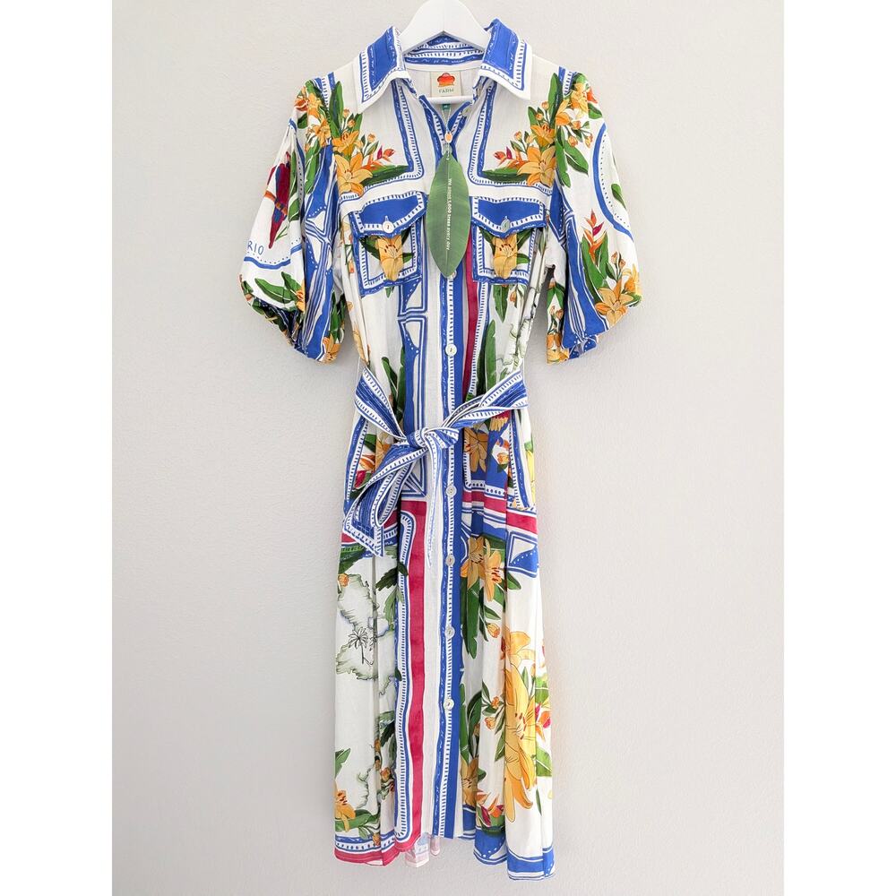 Farm Rio Tropical Destination Linen Midi Dress Sz XS Summer Vacation Bright NWT - Picture 3 of 9